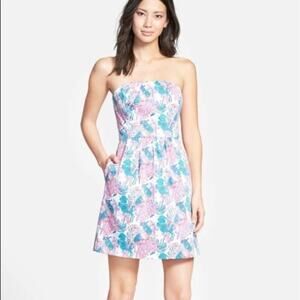 Vineyard Vines Ocean Life Strapless Mini Dress Women's Pink Blue Size 4
